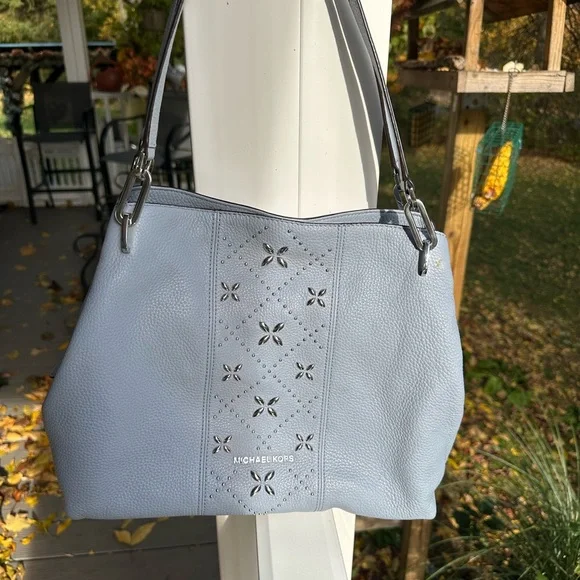Michael Kors Leighton Light Blue Leather Shoulder Bag with Silver Studs/hardware